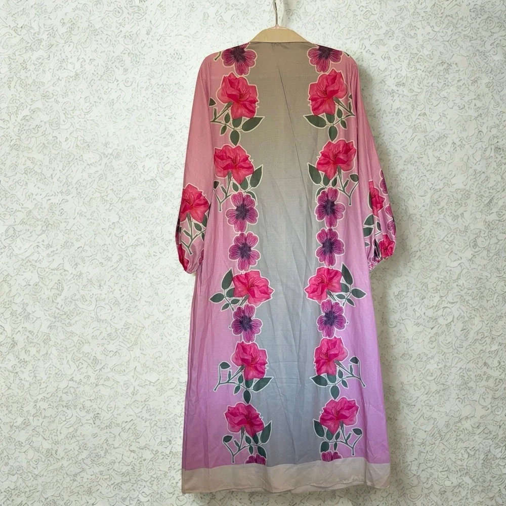 SundayUp Floral Print Linen Blend Maxi‎ Dress Shirt Dress Women's Size S